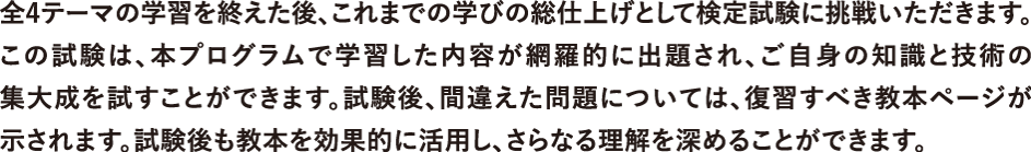 全4テーマの学習を終えた後、これまでの学びの総仕上げとして検定試験に挑戦いただきます。...